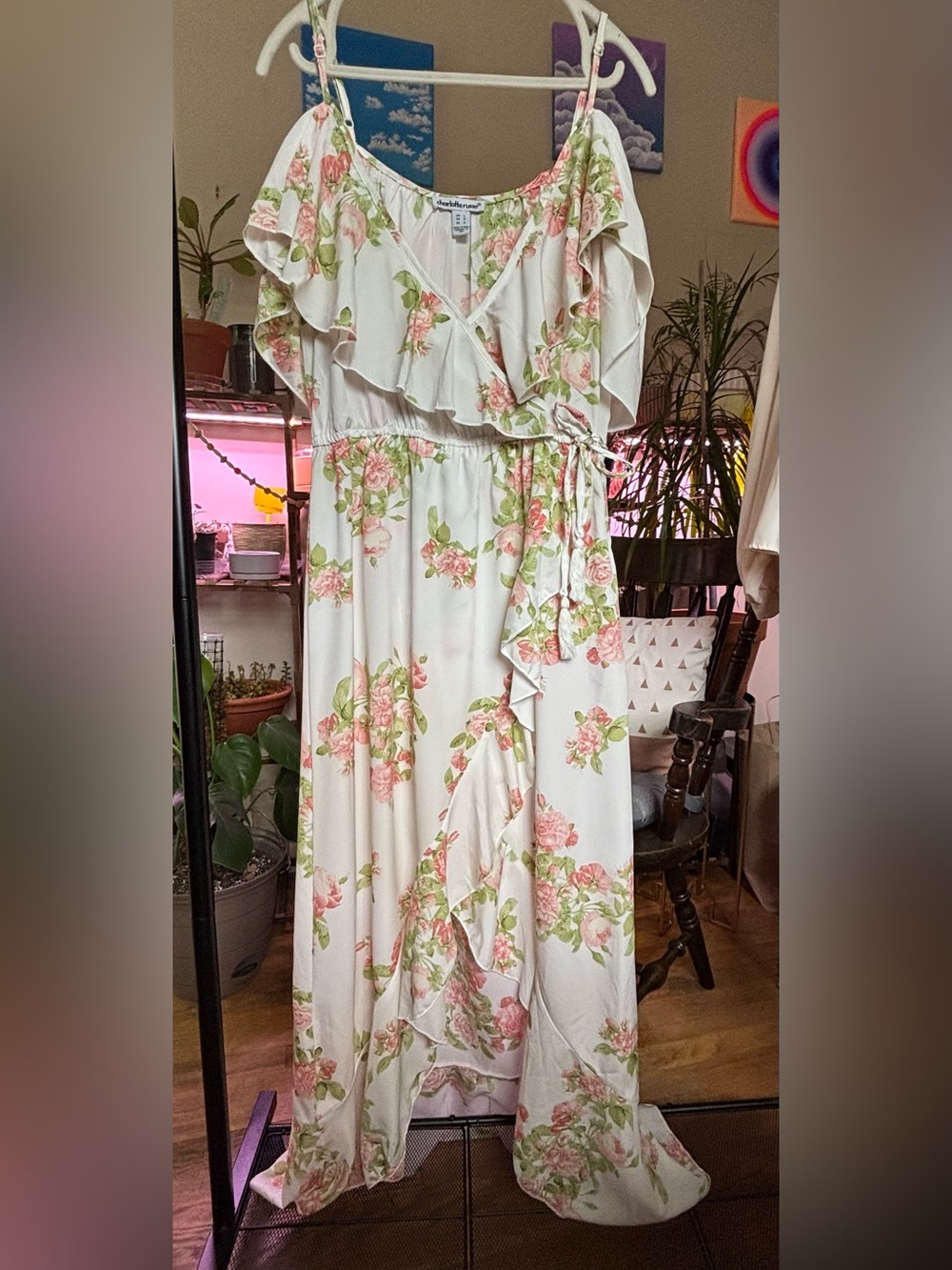 Charlotte Russe White Maxi Dress with Pink Rose Print